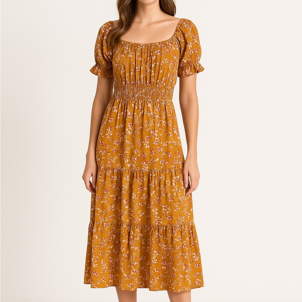 Indigo Rose Mustard Floral Midi Dress with Puff Sleeves